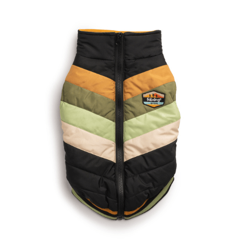 black chevron coat for dogs with orange, olive, mint green, pink chevrons
