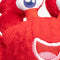 close up of red crab faball® with blue and white eyes and a cute open grin