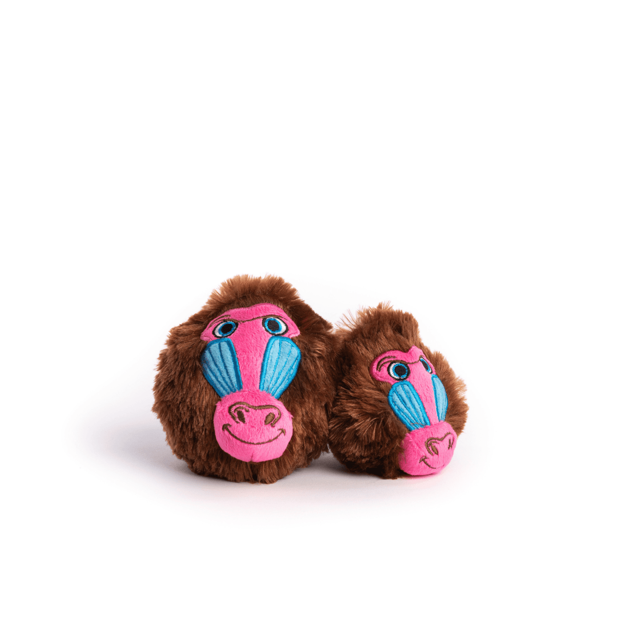 Brown, fluffy baboon faball® dog toy. Pink nose, blue eyes. Large 4 in and small 3 in.
