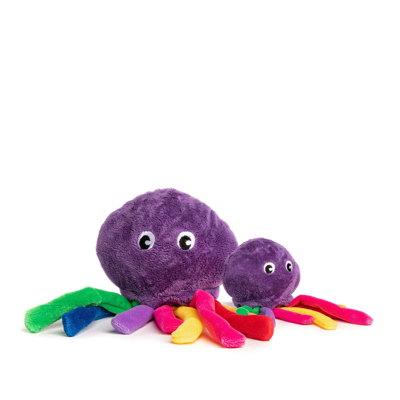 Large 4" and small 3" purple octopus faball® with rainbow colored arms