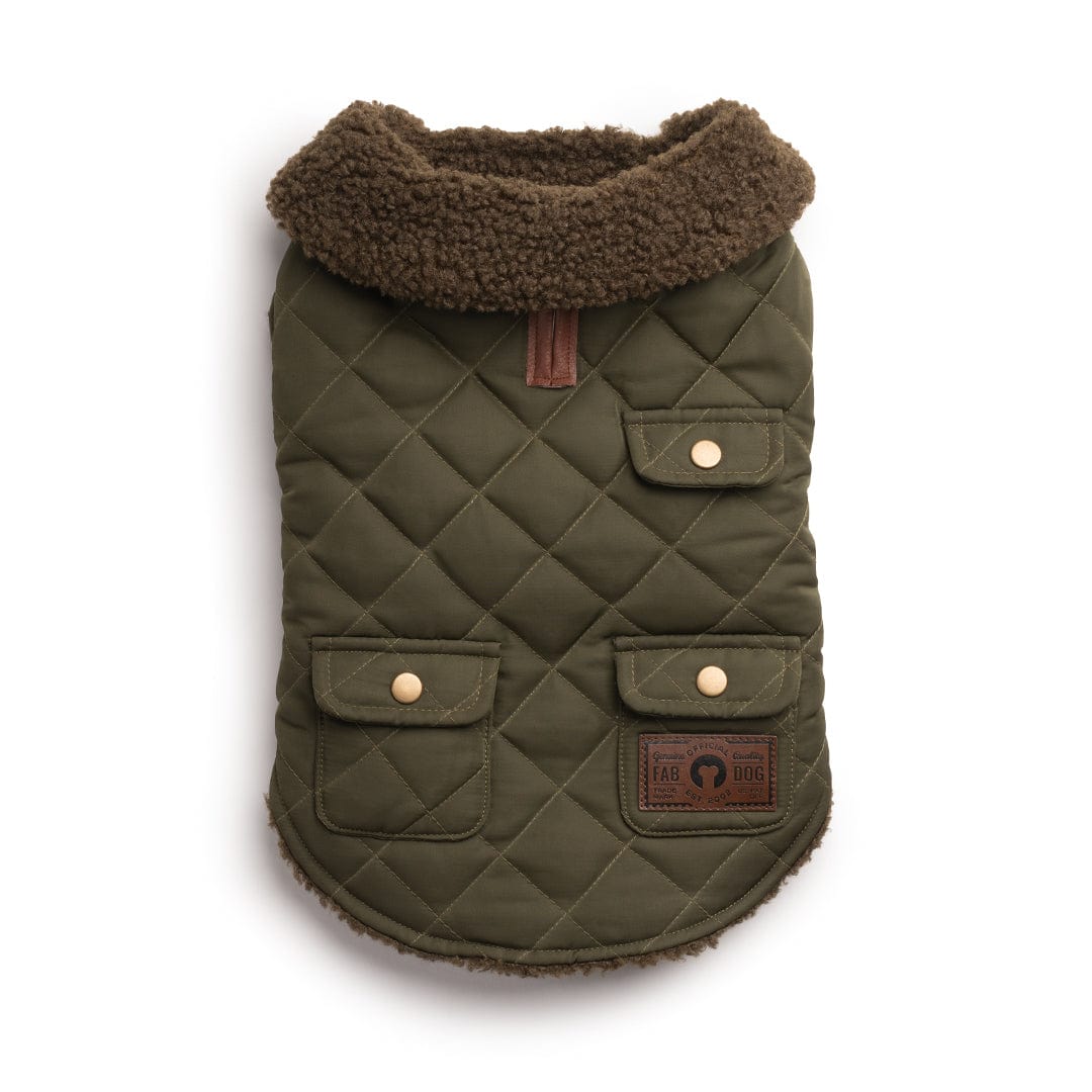 olive quilted shearling coat with three front pockets with gold buttons