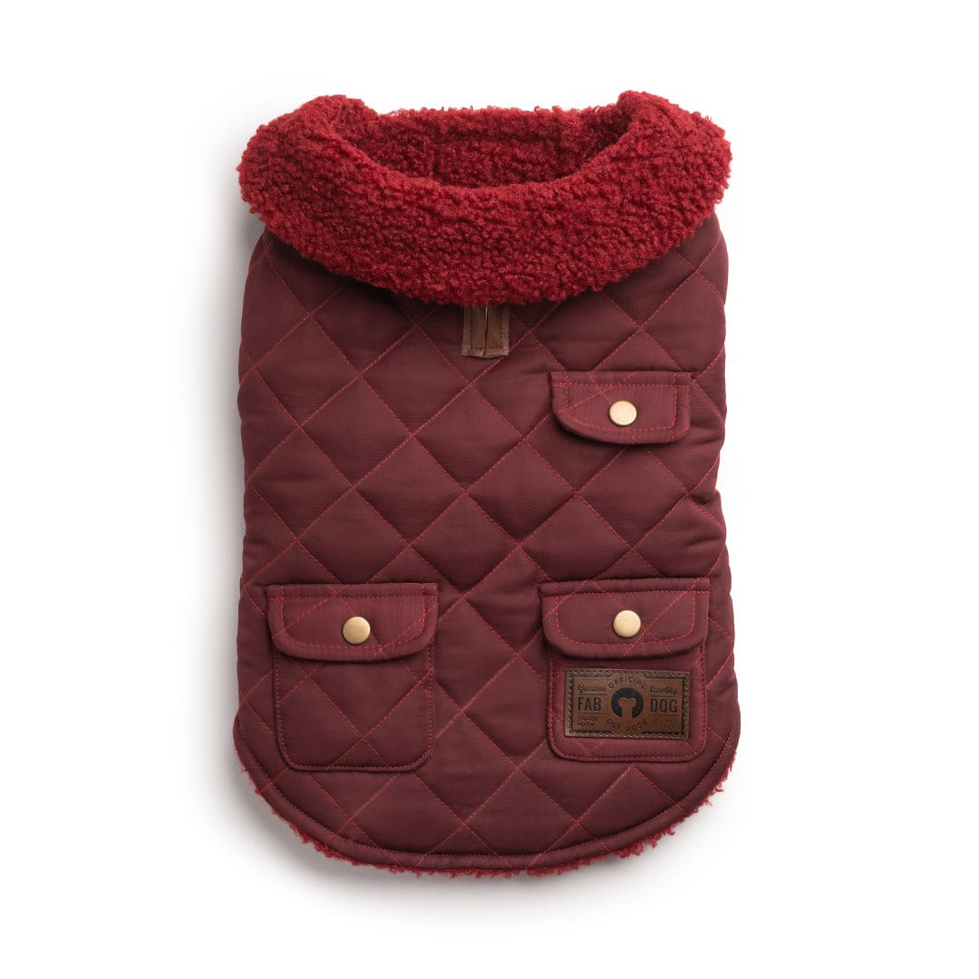 burgundy quilted shearling coat, two pockets left front, one pocket right front, gold buttons