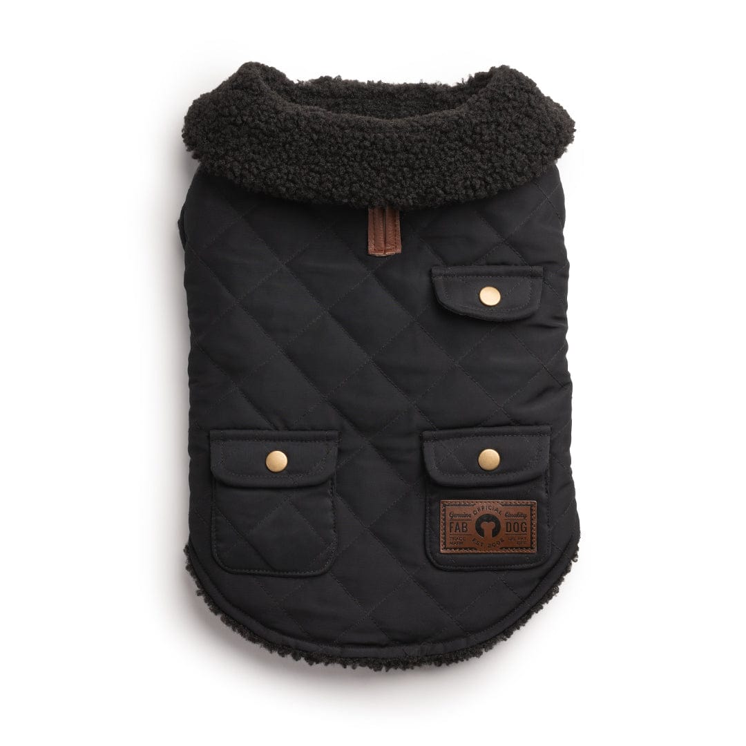 black quilted shearling coat, two pockets on left, one pocke on right, brown zipper tag