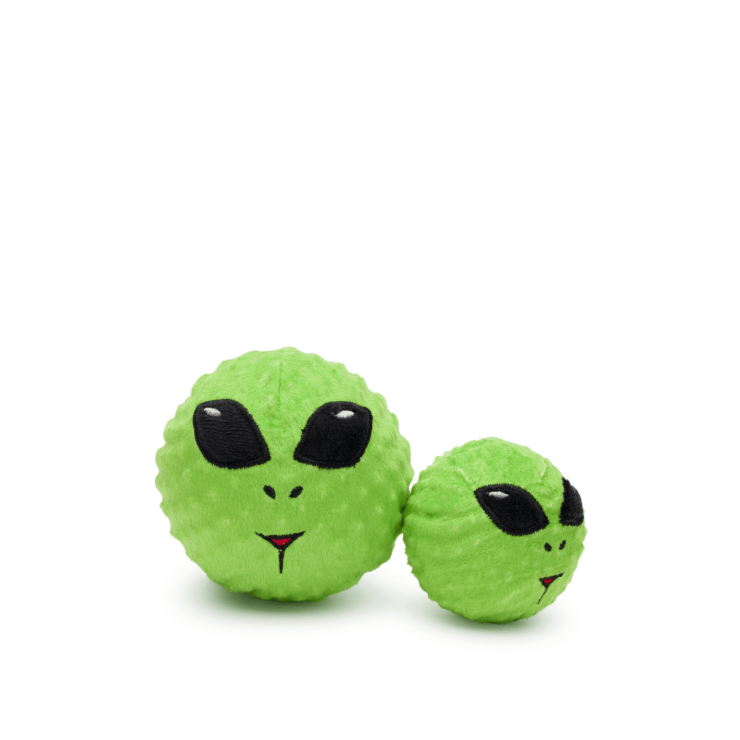 Large 4 in. and small 3 in. green alien faball® with cotton fabric covering.