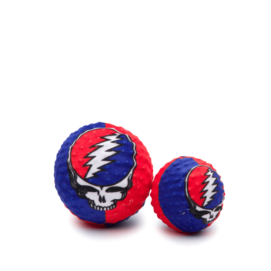 large 4" and small 3" faball® red and blue with white lightning bolt and skull
