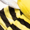 close up detail of yellow and black stripes and white wings of a bumble bee faball®