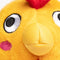 close up of yellow chicken faball® with black and white eyes looking up, a yellow beak, red comb 