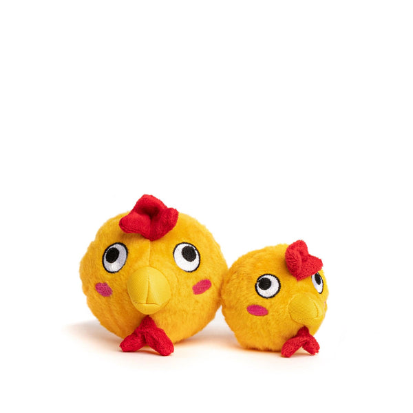 Large 4" next to small 3" yellow chicken faball® with black and white eyes, yellow beak, red comb