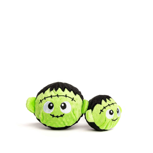 Large 4" and small 3" smiling green Frankenstein faball®, zig-zag hair line, black hair and eyes