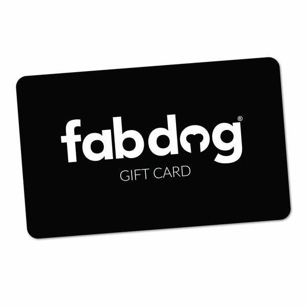 black fabdog® gift card with white writing in lower case font
