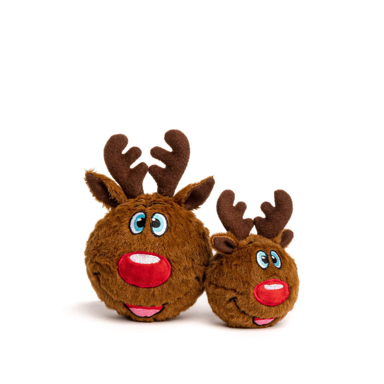 large 4" and small 3" reindeer faball® brown fur, brown antlers, blue eyes, red nose