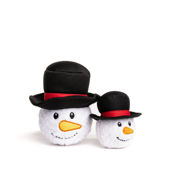 large 4'i and small 3" white snowman with a black tophat, yellow carrot nose, black eyes, smile