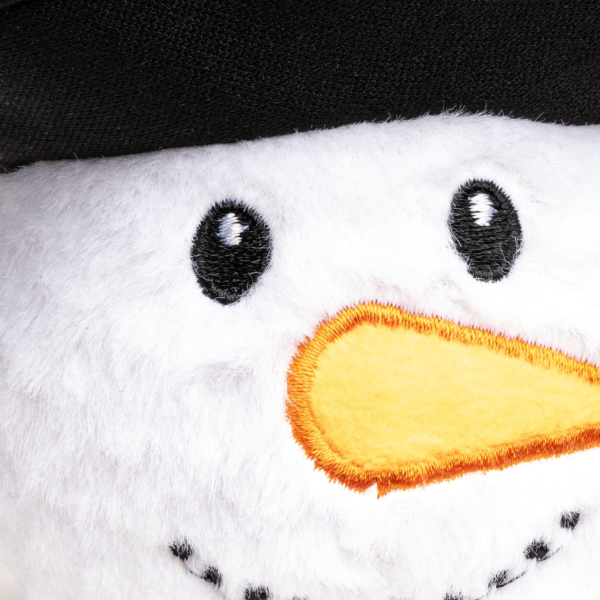 white snowman with a black tophat with red trim, yellow carrot nose, black eyes, dotted 'coal' smile